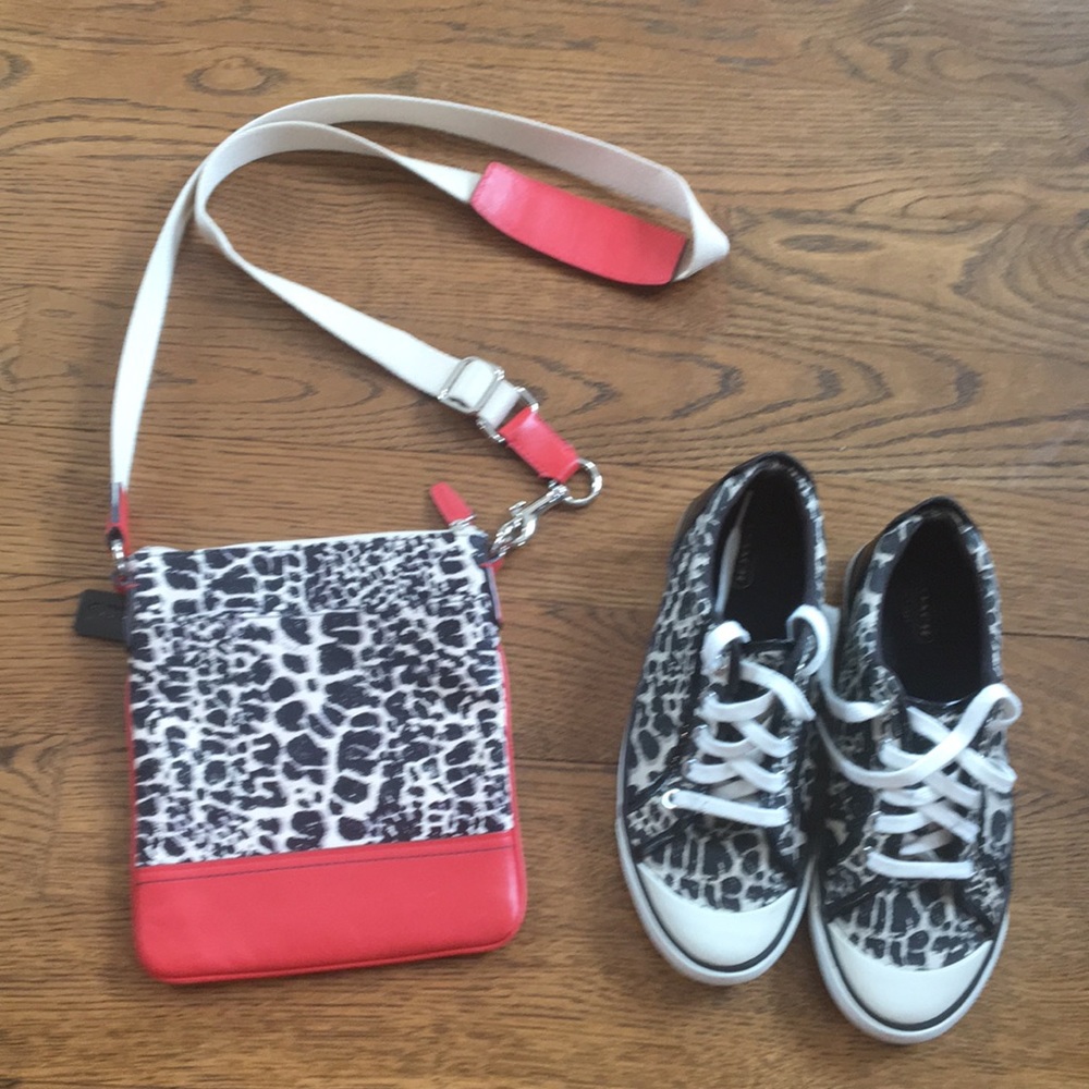 Coach ocelot cross body bag purse and sneakers